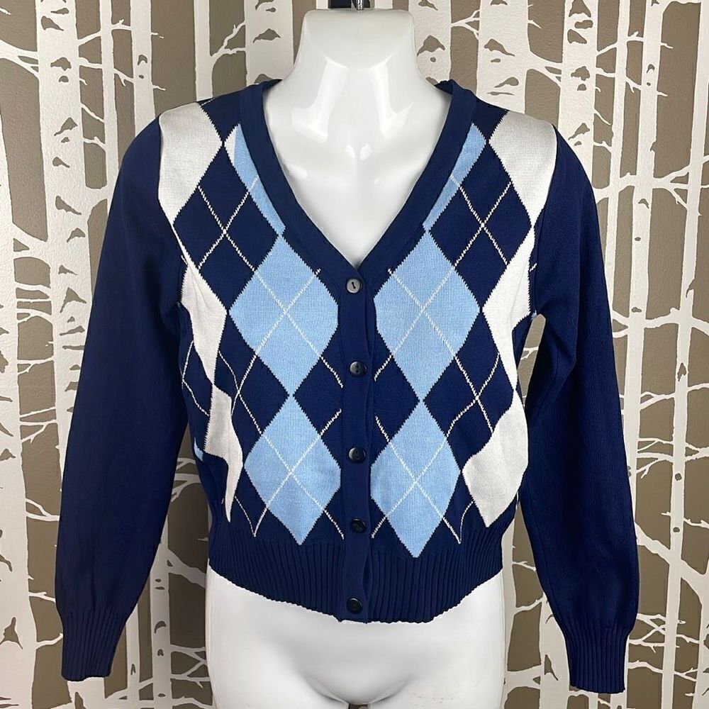 Cropped Argyle Print Cardigan Sweater sz XS
